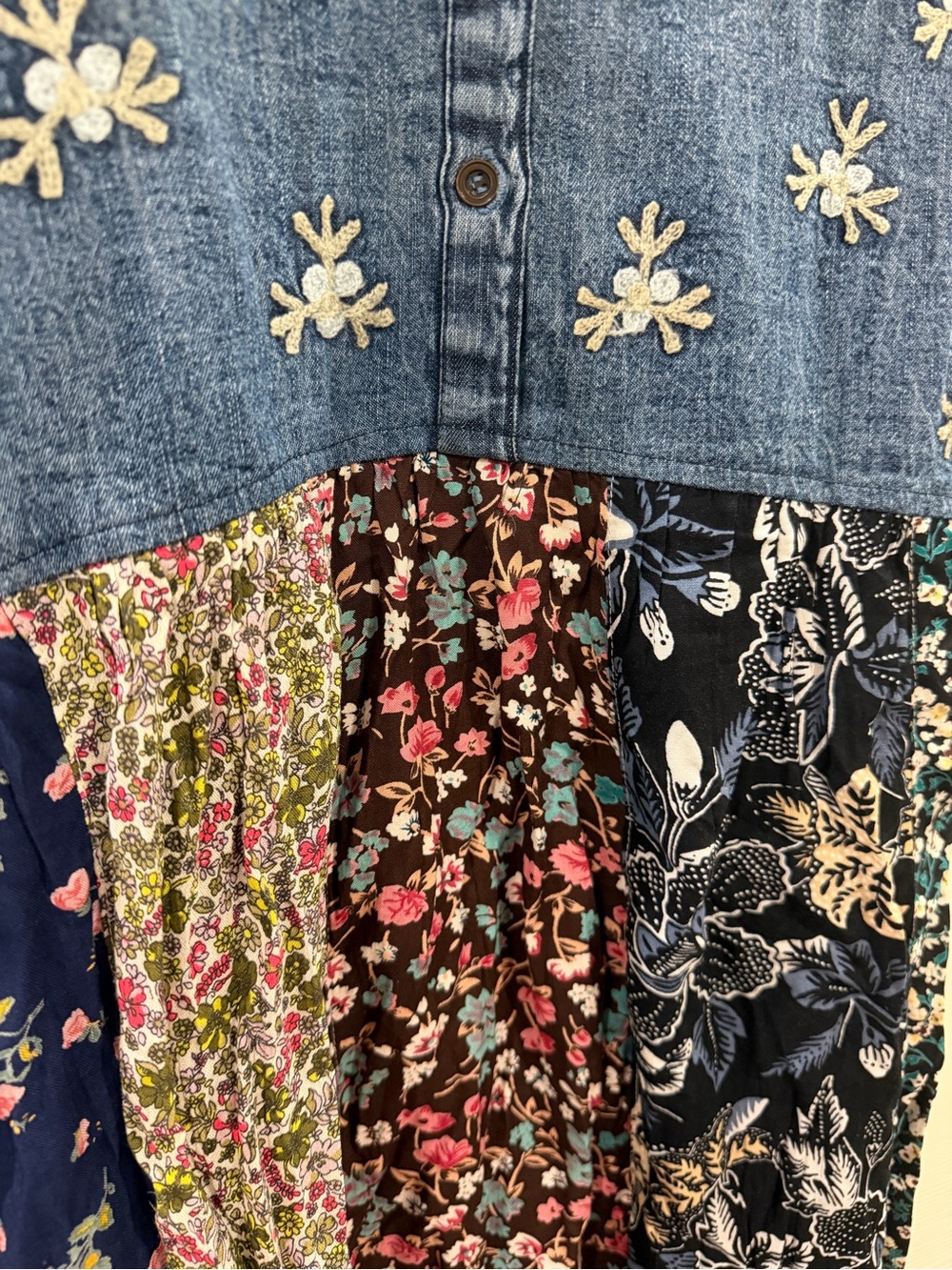 Young Threads Embroidered Denim Top Mixed Floral Patchwork Mini Dress Sz L - Picture 2 of 5